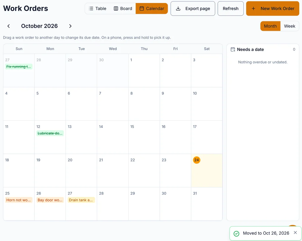 The Calendar after dragging the bay door job to Monday 26 October, with the message Moved to Oct 26, 2026.