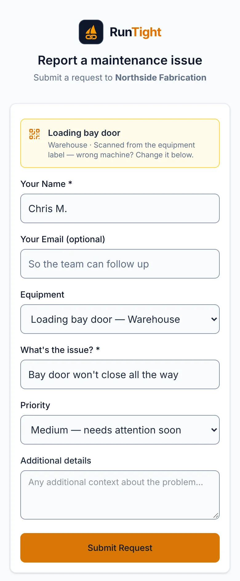 The report form on a phone with Loading bay door filled in from the label, the name Chris M. and the issue Bay door won't close all the way.