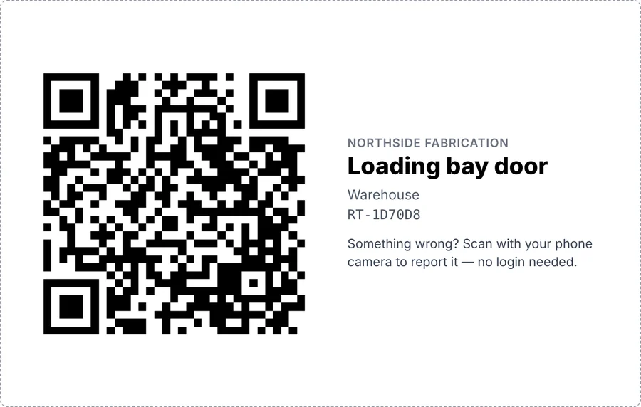 A printed Large card label for the Loading bay door with its QR code and the line: Something wrong? Scan with your phone camera to report it, no login needed.
