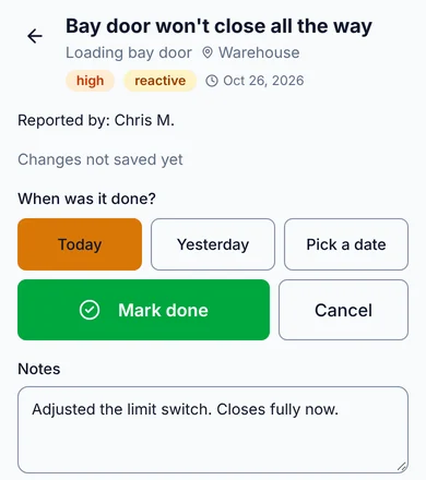 The job on the technician's phone with the note Adjusted the limit switch, closes fully now, and the Mark done button.