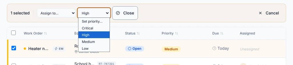 Work Orders with the heater job ticked and the Set priority menu open on High.