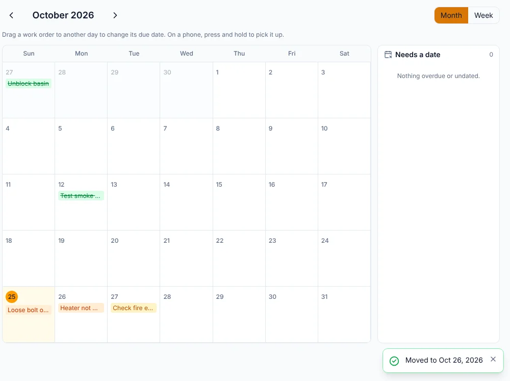 The Calendar after dragging the heater job to Monday 26 October, with the message Moved to Oct 26, 2026.
