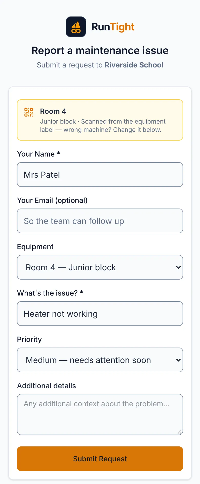 The report form on a phone with Room 4 filled in from the label, the name Mrs Patel and the issue Heater not working.