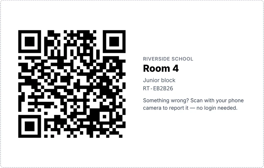 A printed Large card label for Room 4 with its QR code and the line: Something wrong? Scan with your phone camera to report it, no login needed.