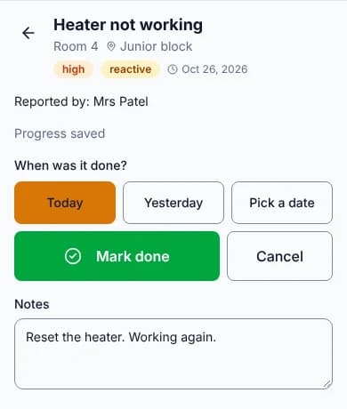 The job on the groundskeeper's phone with the note Reset the heater, working again, and the Mark done button.