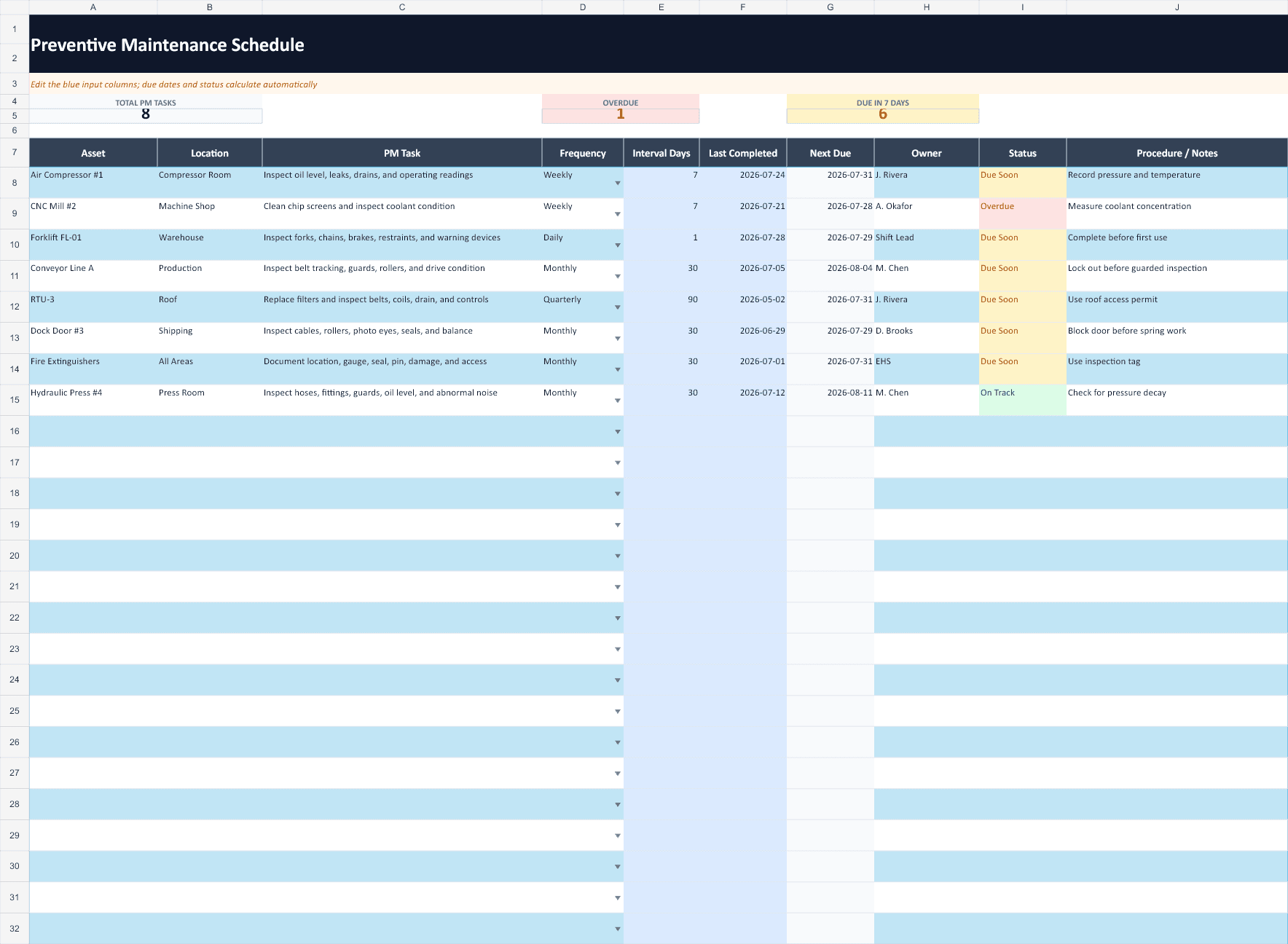 Preventive Maintenance Schedule Template workbook preview
