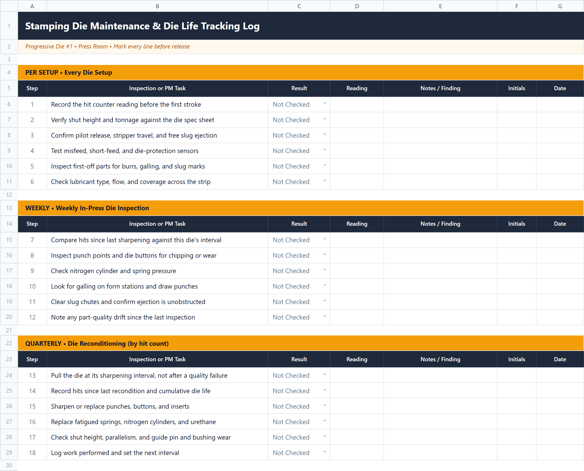 Stamping Die Maintenance & Die Life Tracking Log Excel workbook preview