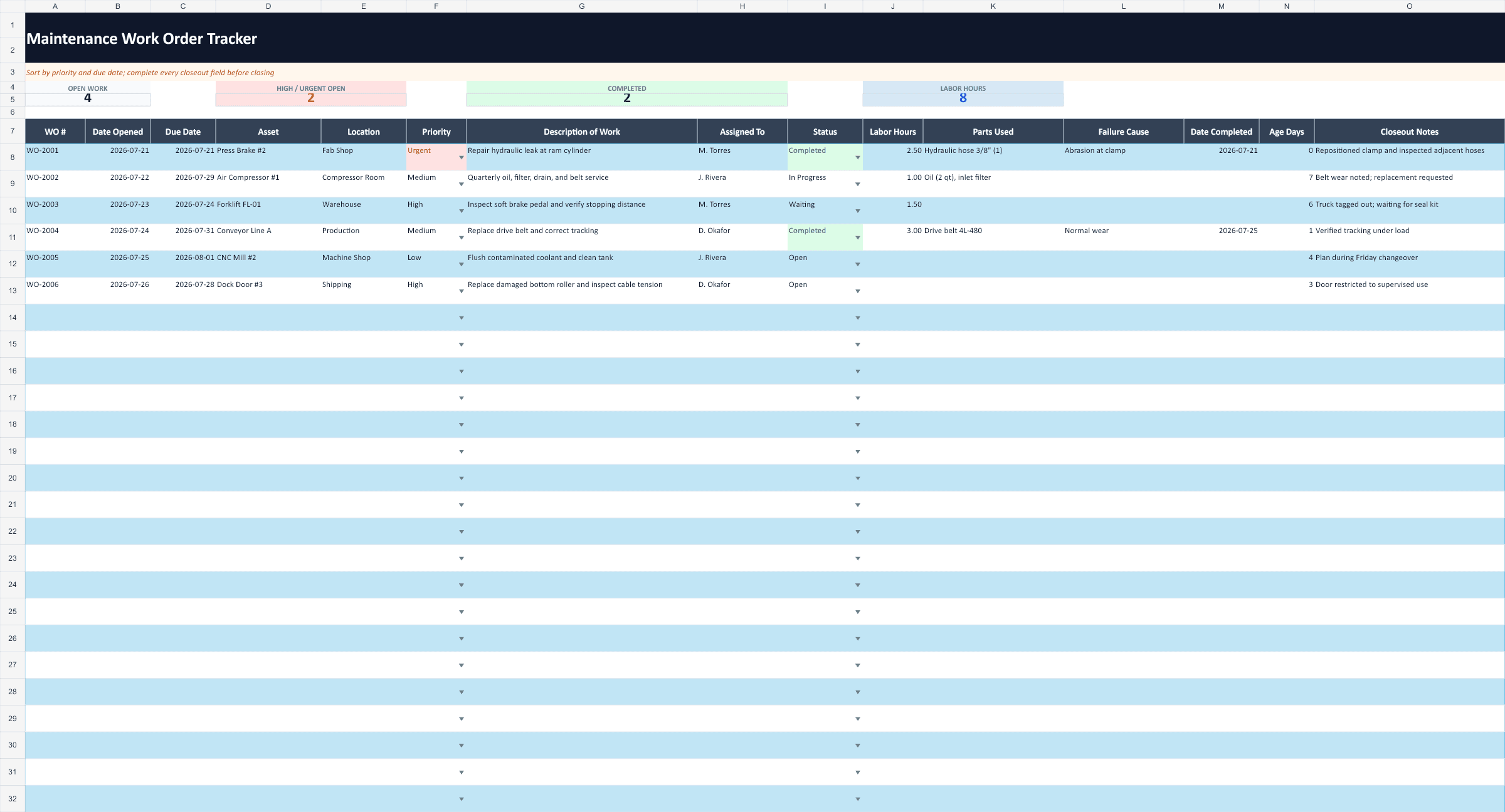 Work Order Template workbook preview