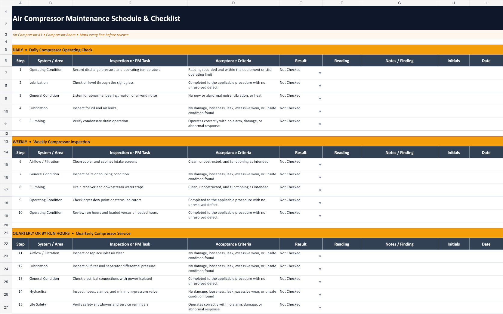 Air Compressor Maintenance Schedule & Checklist Excel workbook preview