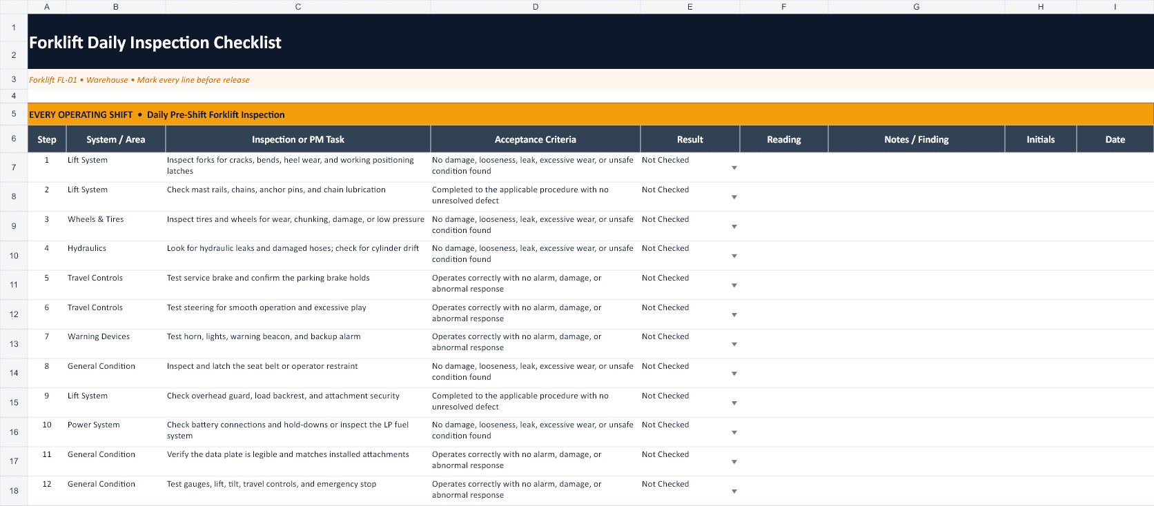 OSHA Forklift Daily Inspection Checklist Excel workbook preview