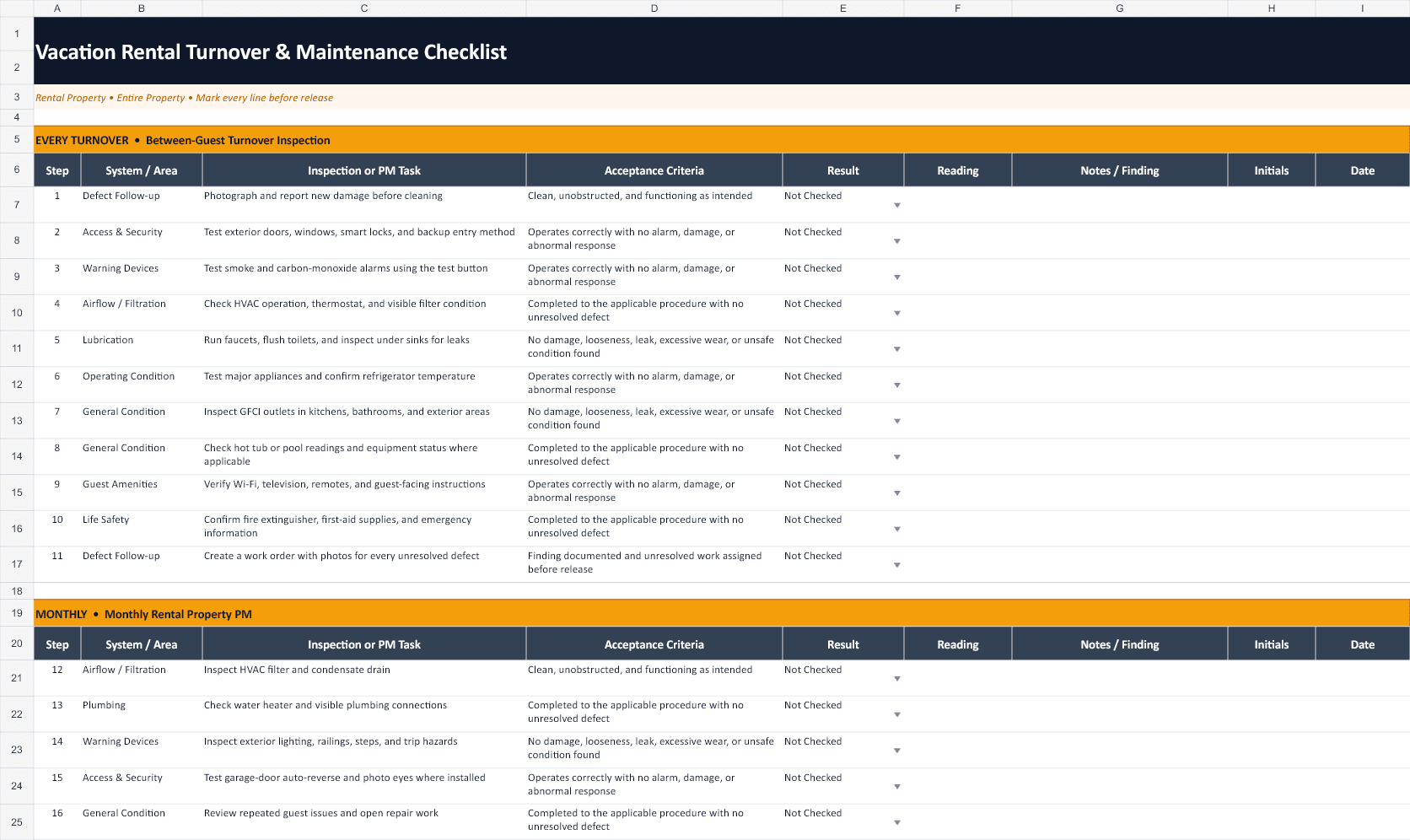 Vacation Rental Turnover & Maintenance Checklist Excel workbook preview