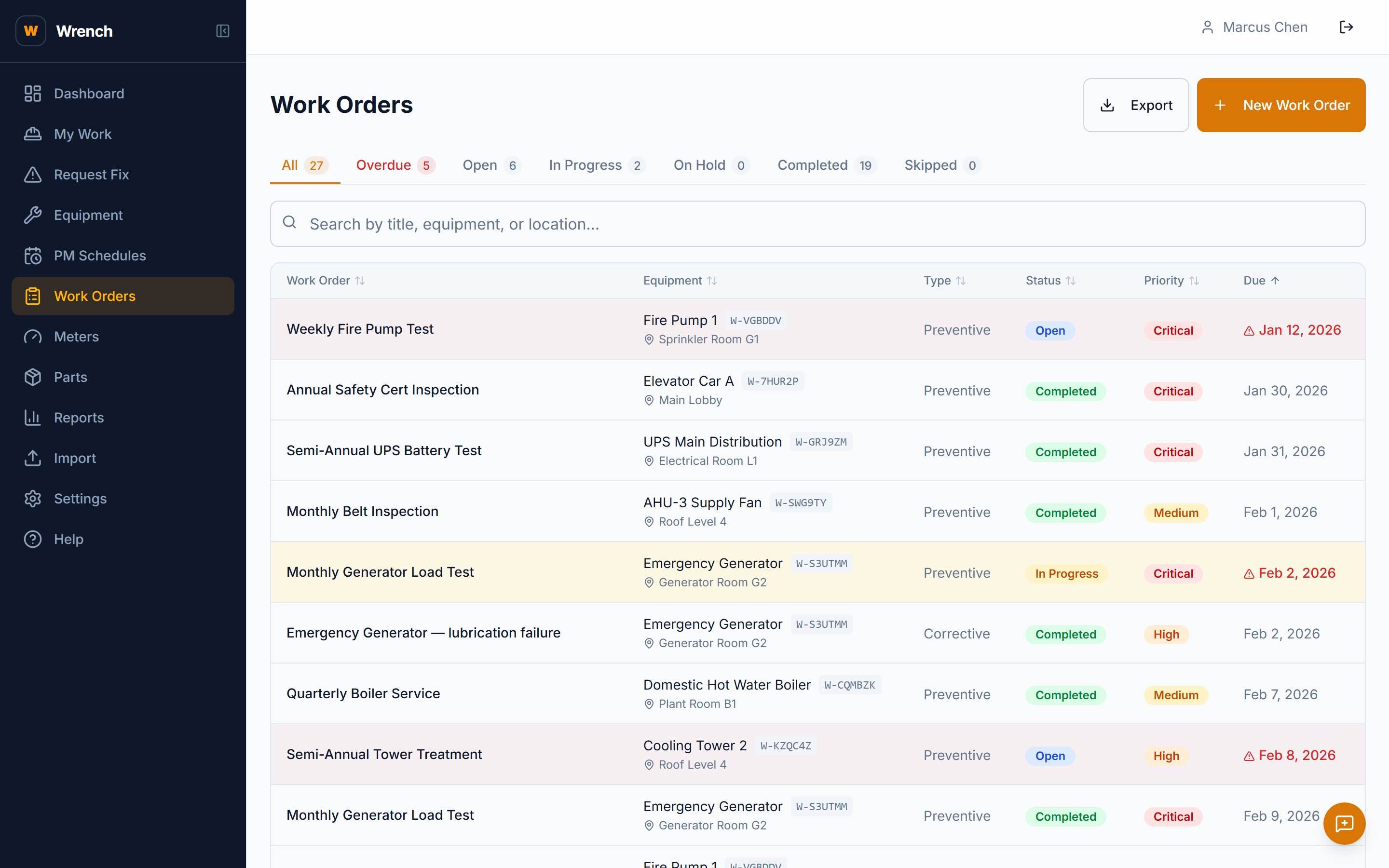 Work order list for facilities maintenance