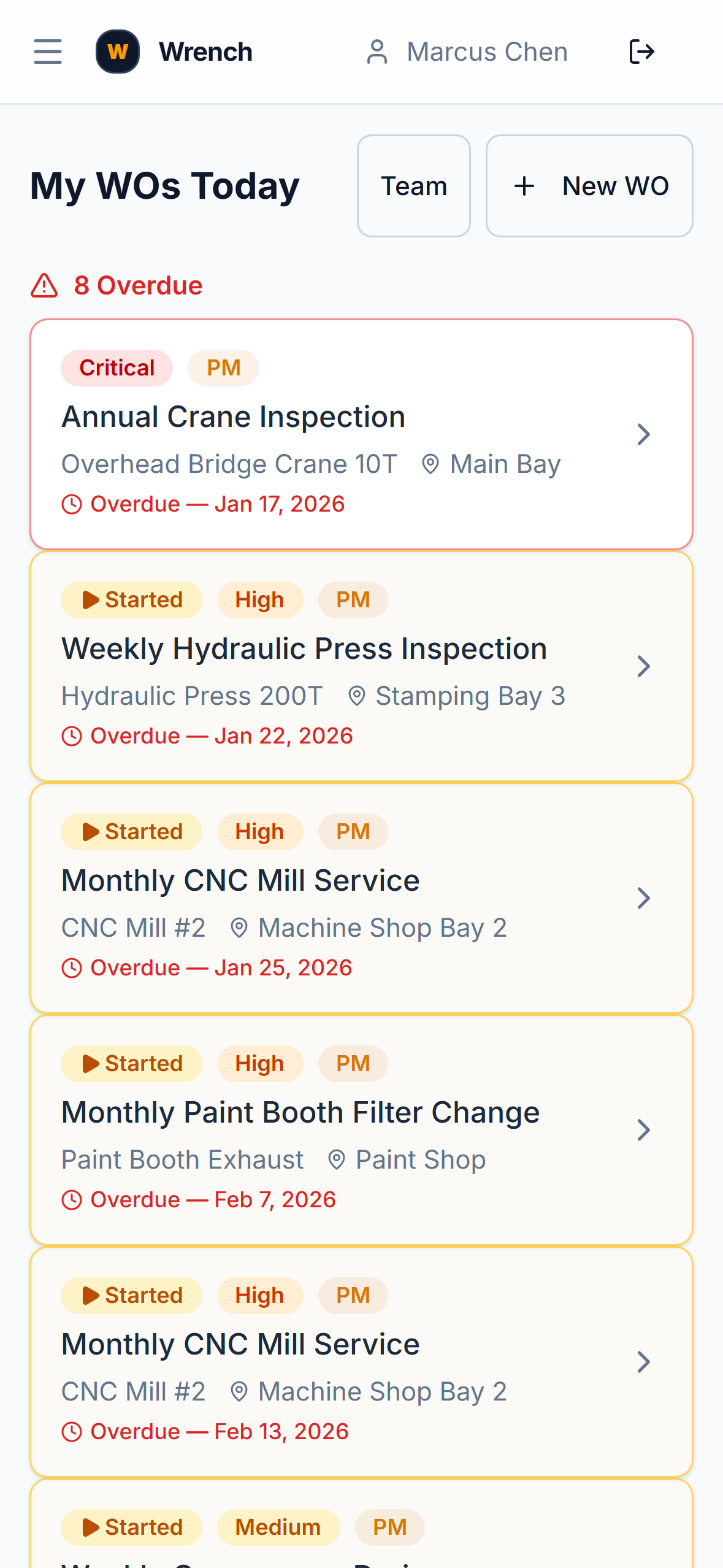 Mobile work queue showing prioritized assignments