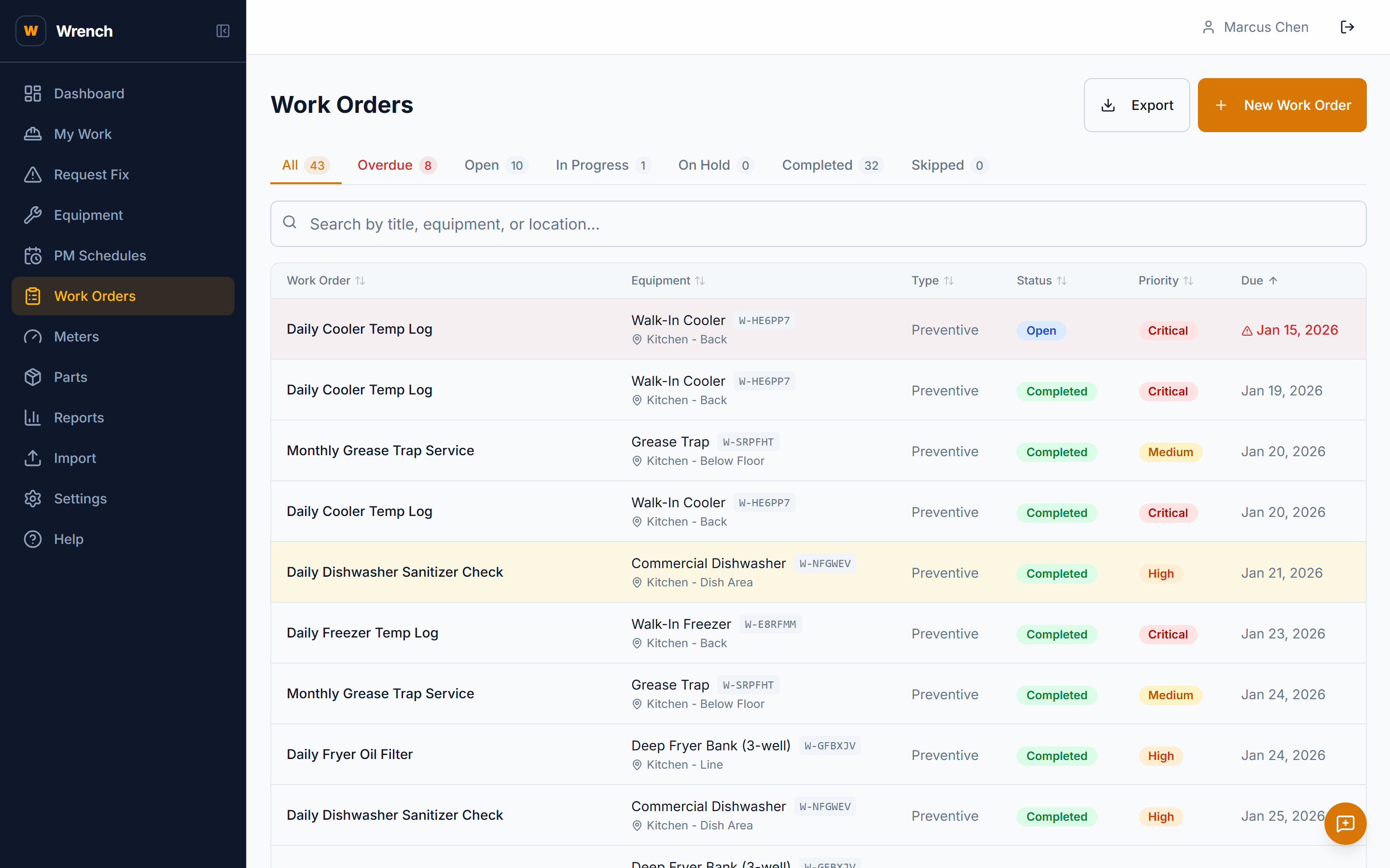 Restaurant work order tracking